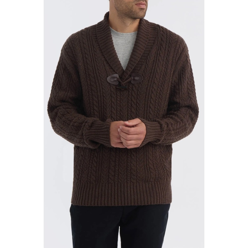 Hunter Men's Large Brown Cable Knit Shawl Collar Toggle‎ Sweater Wool Blend NWT